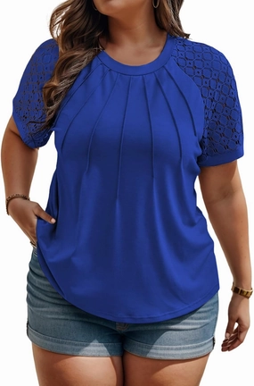 ROSRISS Plus-Size Tops for Women Summer Reglan Shirts Lace Short Sleeve Tunics XL-5XL