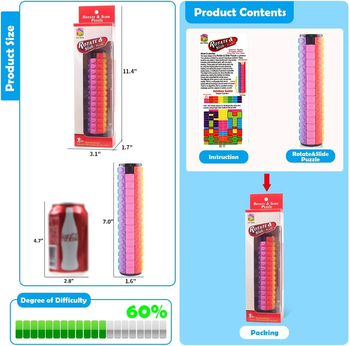 R.Y.TOYS Rotate and Slide Puzzle-Design Patent,Fidget Toys(Restore/Create)-8 Colors,15 Layers-Detach Piece for Quick Play,Brain Teaser,Sensory Toys,Stocking Stuffers,Easter Basket Stuffer Essentials