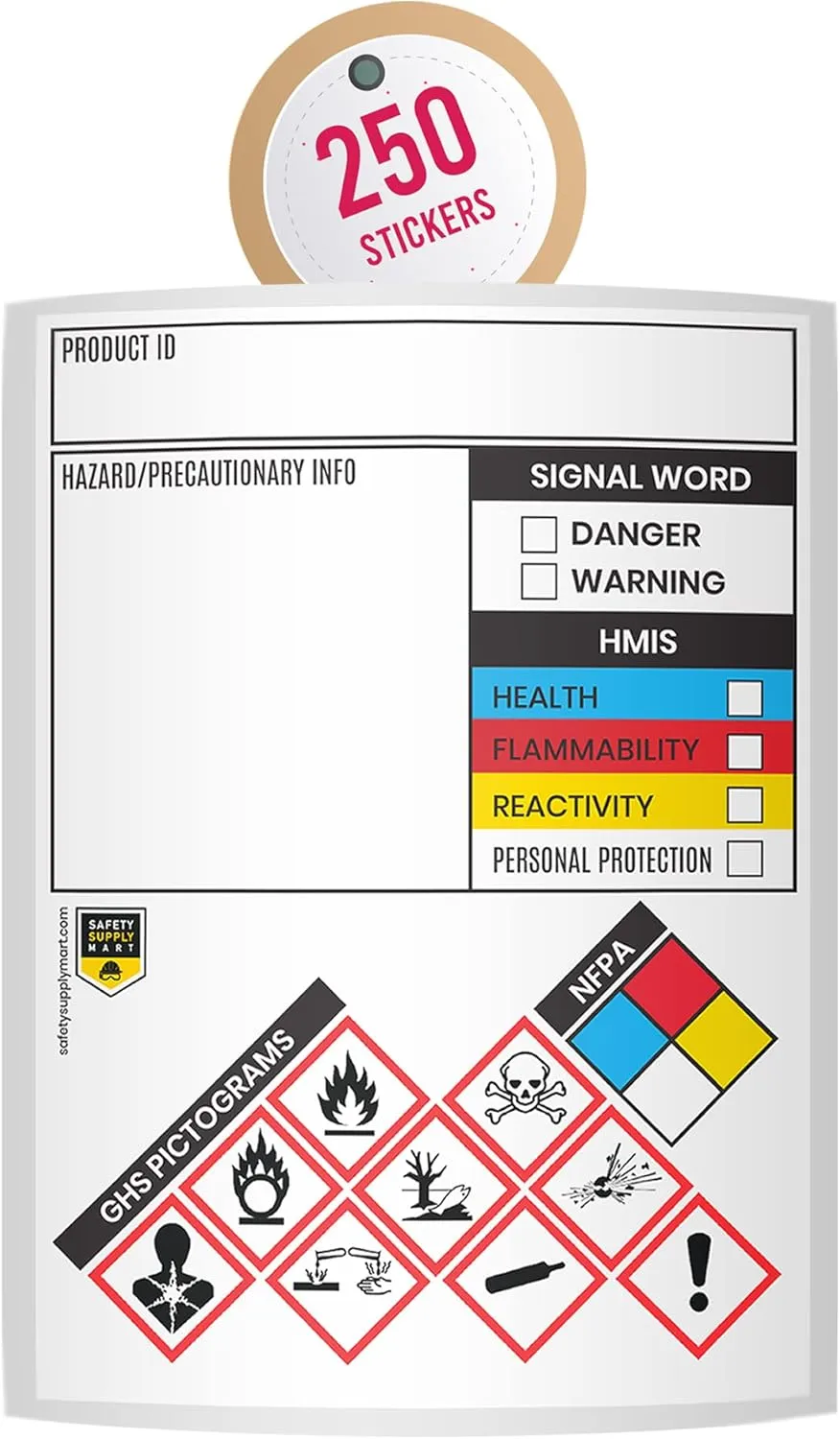 Safety Data Sheet Stickers/MSDS Stickers, 3" x 4", Roll of 250, Tough Tear-Proof, Right To Know- Chemical Identifying and Marking Sticker Decals