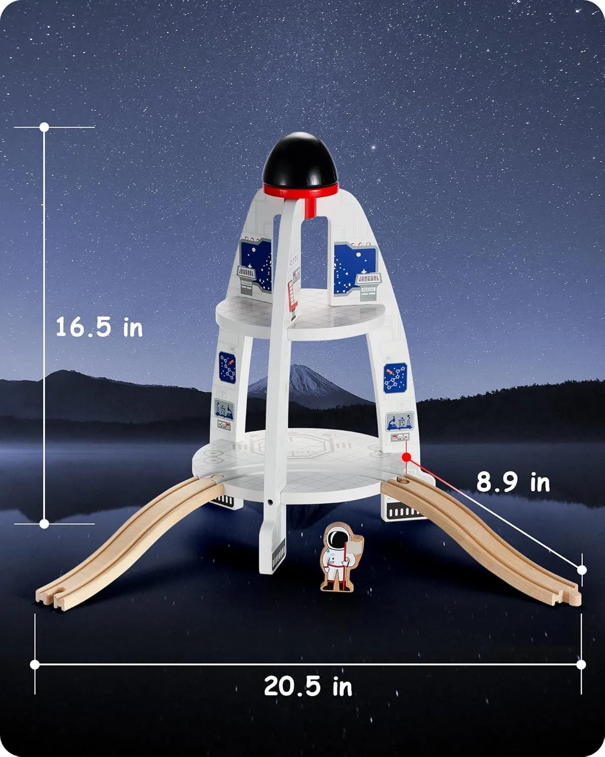 SainSmart Jr. Wooden Train Track Accessory, Space Launcher Rocket Ship Play Set with Astronauts, Compatible with Brio, Thomas, Melissa and Doug