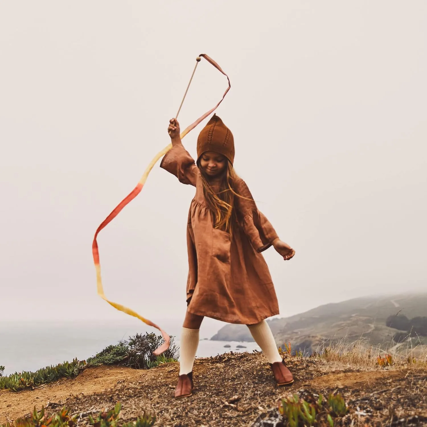 Sarah's Silks Boho Rainbow Streamer - 8' Long Ribbon Wand for Kids, Pretend Play, Dance, Baton Stick Twirling, and Gymnastics Party Favors | 100% Silk and Wood Montessori and Waldorf Toys