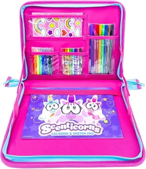 Scenticorns Sweet Scented Lap Desk Set | Includes 10 Scented Markers, 10 Gel Pens, 10 Colored Pencils, 2 Erasers, Sharpener & 12-Page Coloring Pad