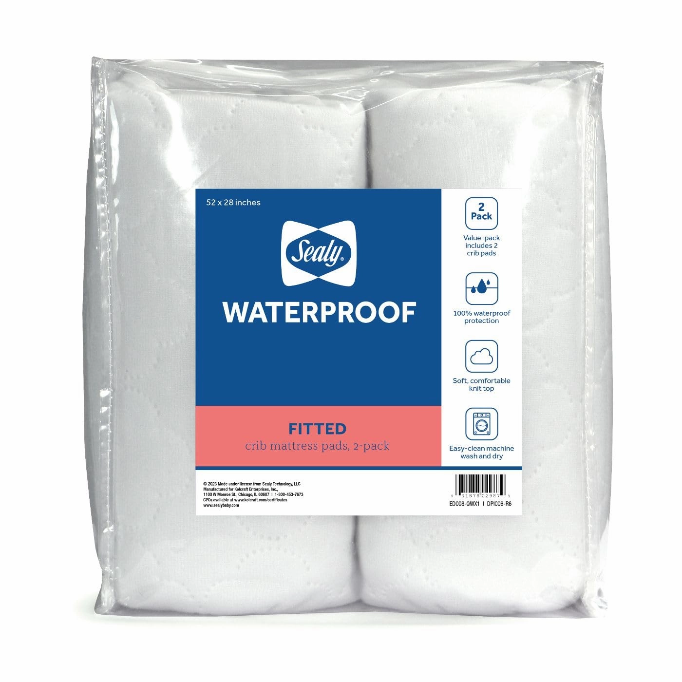 Sealy Baby 2-PACK Fitted Waterproof Infant Crib Mattress Protector Pad and Toddler Bed Cover, Durable and Comfortable Topper, Machine Washable and Dryer Friendly, 52” x 28”- White