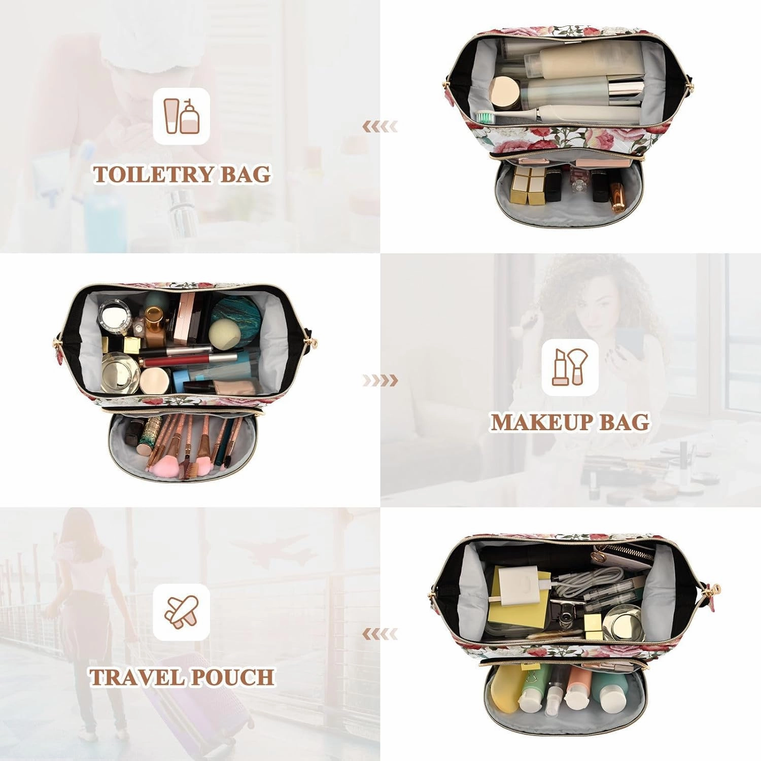 Seamless Floral Pattern with White Red Roses Watercolor Women Cosmetic Bag Makeup Bag Stylish Trip Beauty Bag Travel Toiletry Bag with Bottle Organizer 10.2 x 5.9 x 6.7 inch