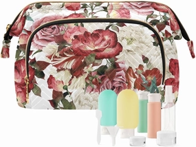 Seamless Floral Pattern with White Red Roses Watercolor Women Cosmetic Bag Makeup Bag Stylish Trip Beauty Bag Travel Toiletry Bag with Bottle Organizer 10.2 x 5.9 x 6.7 inch