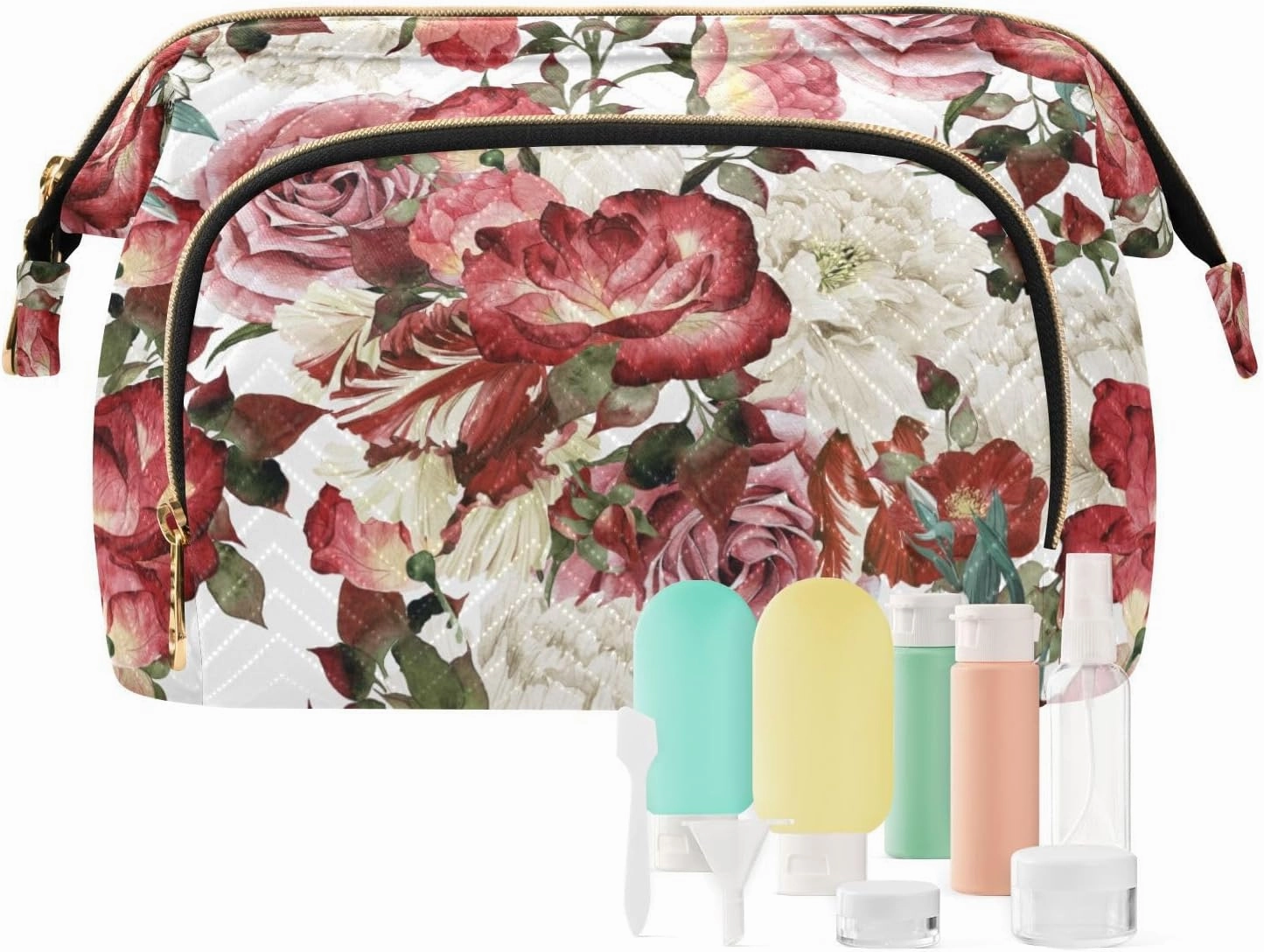 Seamless Floral Pattern with White Red Roses Watercolor Women Cosmetic Bag Makeup Bag Stylish Trip Beauty Bag Travel Toiletry Bag with Bottle Organizer 10.2 x 5.9 x 6.7 inch