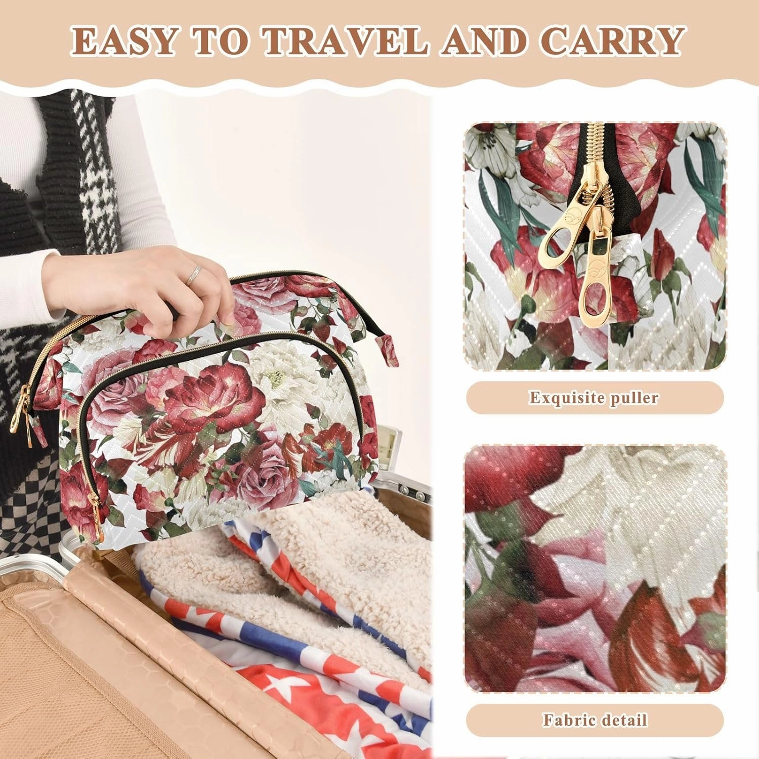 Seamless Floral Pattern with White Red Roses Watercolor Women Cosmetic Bag Makeup Bag Stylish Trip Beauty Bag Travel Toiletry Bag with Bottle Organizer 10.2 x 5.9 x 6.7 inch