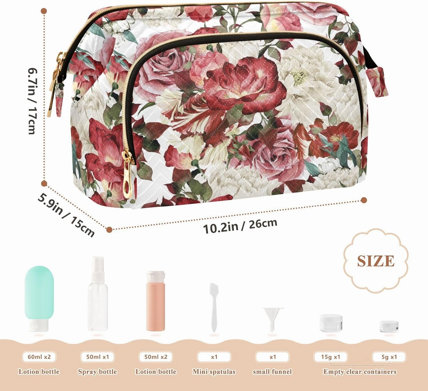 Seamless Floral Pattern with White Red Roses Watercolor Women Cosmetic Bag Makeup Bag Stylish Trip Beauty Bag Travel Toiletry Bag with Bottle Organizer 10.2 x 5.9 x 6.7 inch