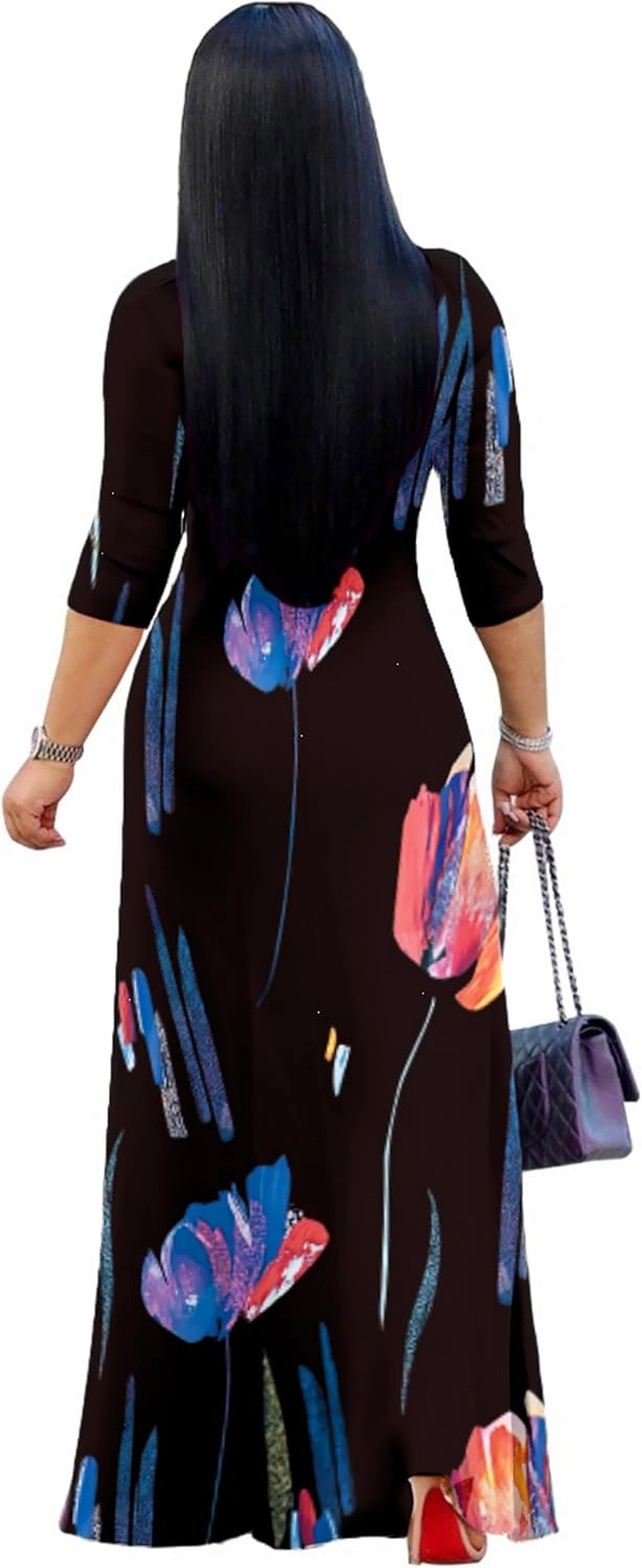 Sexy V Neck Print Maxi Dress for Women Casual Loose 3/4 Sleeves Outfits with Belt