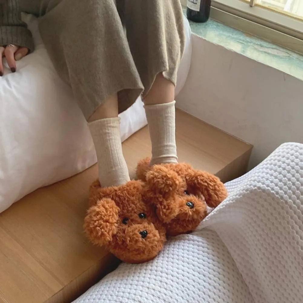 SGVAHY Slippers for Women Fuzzy Cute Slippers Indoor and Outdoor Slippers Teddy Dog Non-Slip Sole Cool Funny House Shoes Washable Slippers for Girls Teens Spring Autumn Winter (Teddy White, 7-8)