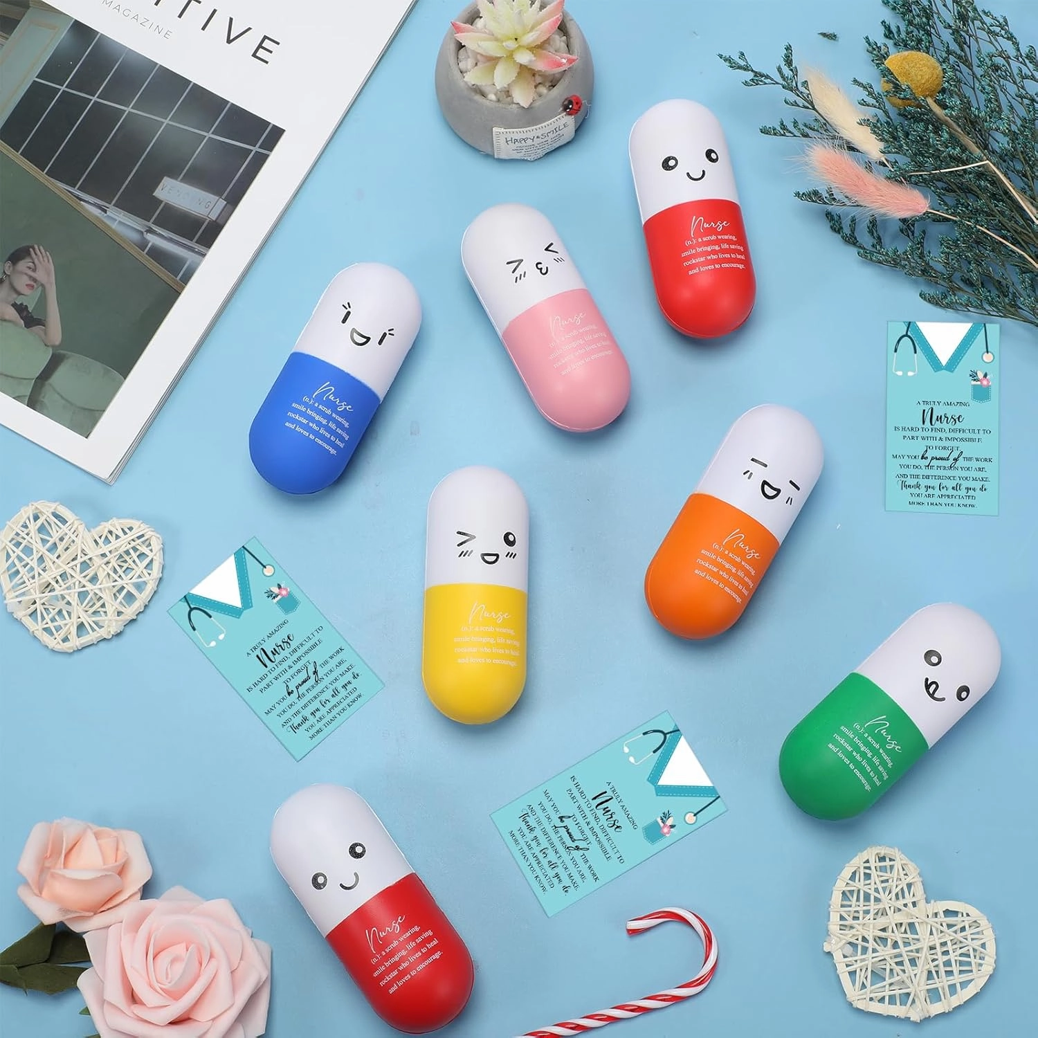 Shappy 24 Set CNA Week Gifts Nurse Pill Heart Stress Balls Nurse Thank You Appreciation Gifts Bulk Relief Stress Inspirational Motivational Squeeze Foam Balls Anger Management Toys with Card (Pill)