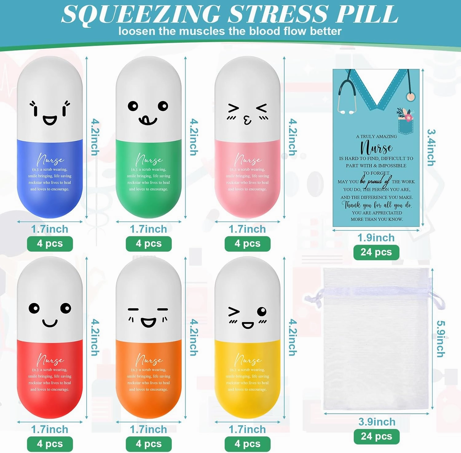Shappy 24 Set CNA Week Gifts Nurse Pill Heart Stress Balls Nurse Thank You Appreciation Gifts Bulk Relief Stress Inspirational Motivational Squeeze Foam Balls Anger Management Toys with Card (Pill)