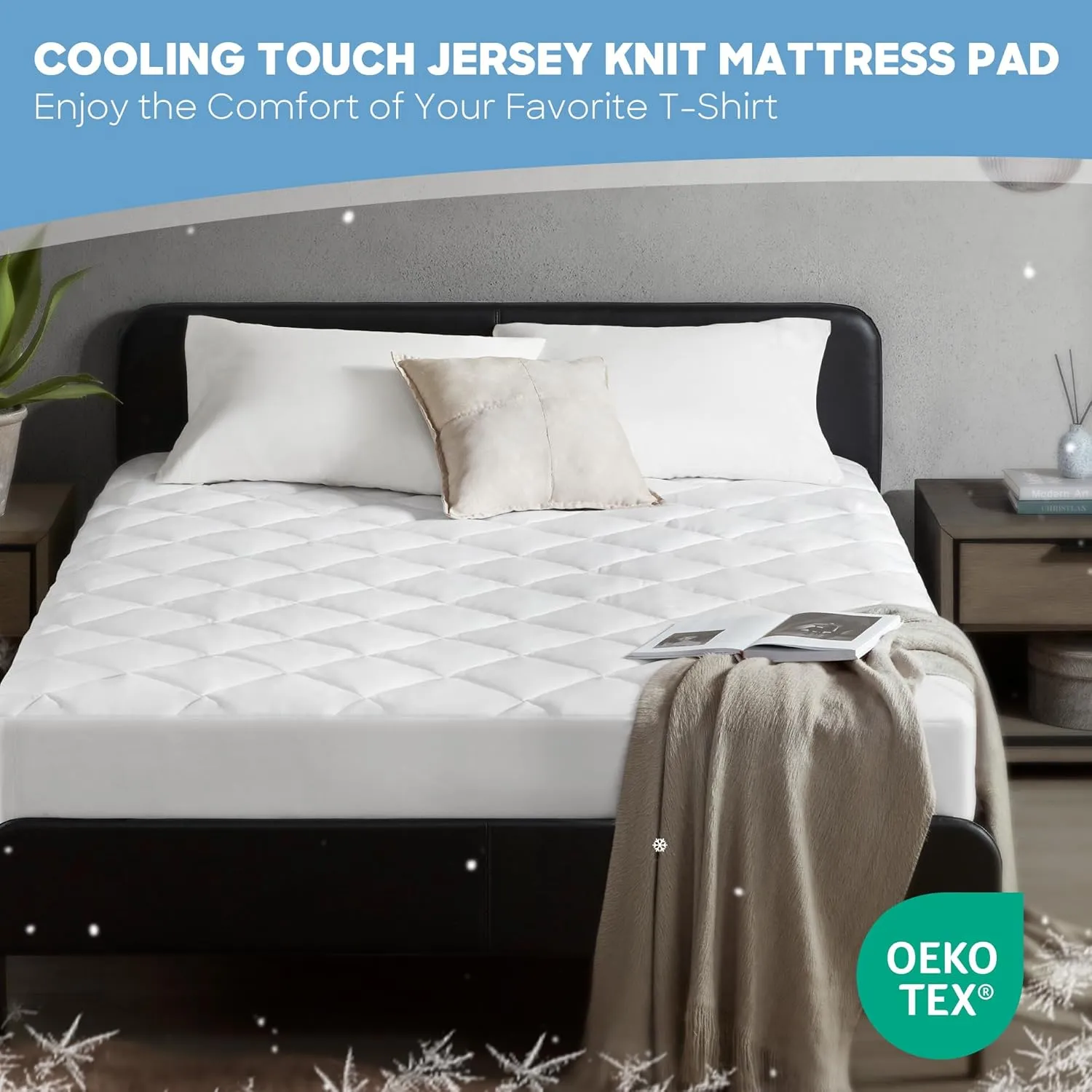 Sharper Image Queen Mattress Pad, Overfilled, Jersey Knit Ultra-Soft & Cooling Touch Mattress Topper Fitted Pocket Fits Up to 18" Queen Size Bed, White