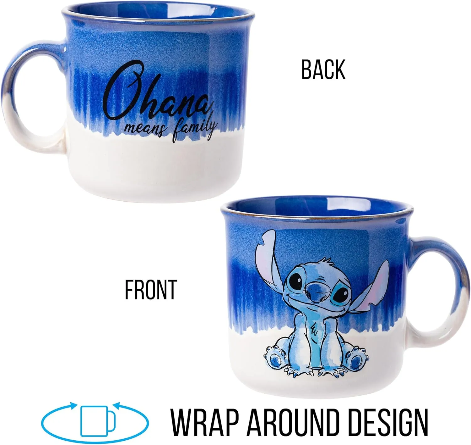 Silver Buffalo Disney Lilo and Stitch Ohana Means Family Reactive Glaze Ceramic Camper Mug, 20 Ounces