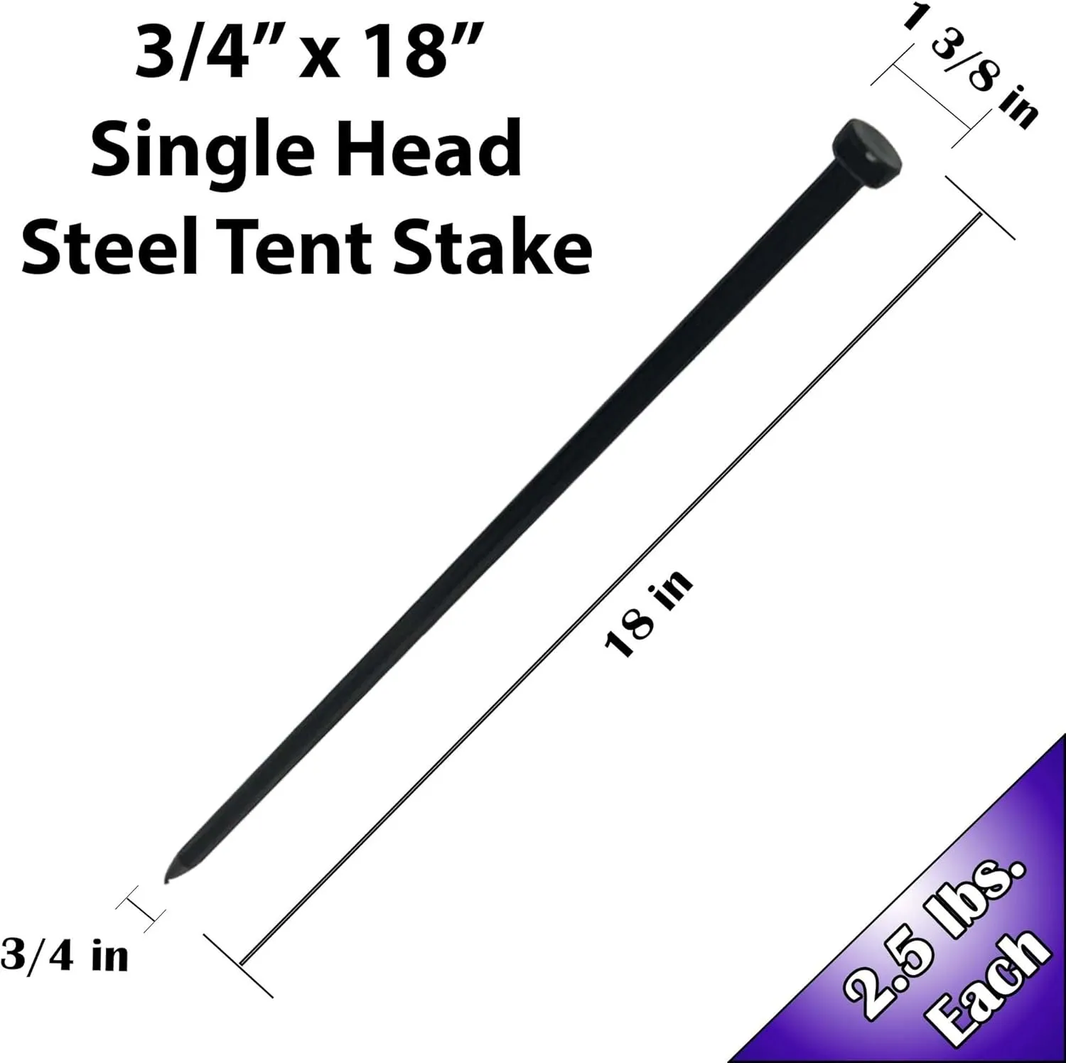 Single Head Tent Stakes - Heavy Duty Steel Tent Stakes, Versatile Ground Spikes to Anchor Commercial Inflatables, Party Tents, and Outdoor Camping Shelters, 3/4 x 18 Inch, 10-Pack