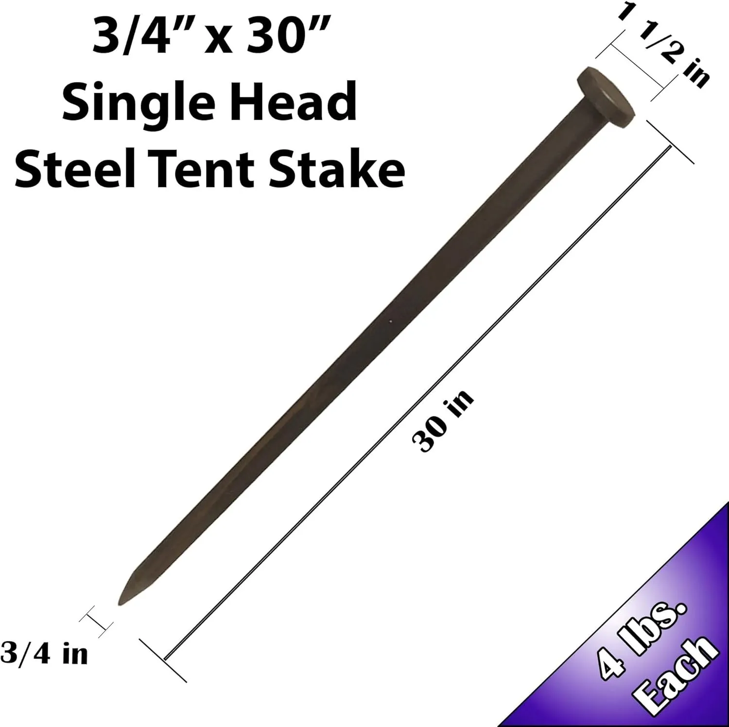 Single Head Tent Stakes - Heavy Duty Steel Tent Stakes, Versatile Ground Spikes to Anchor Commercial Inflatables, Party Tents, and Outdoor Camping Shelters, 3/4 x 30 Inch, 10-Pack