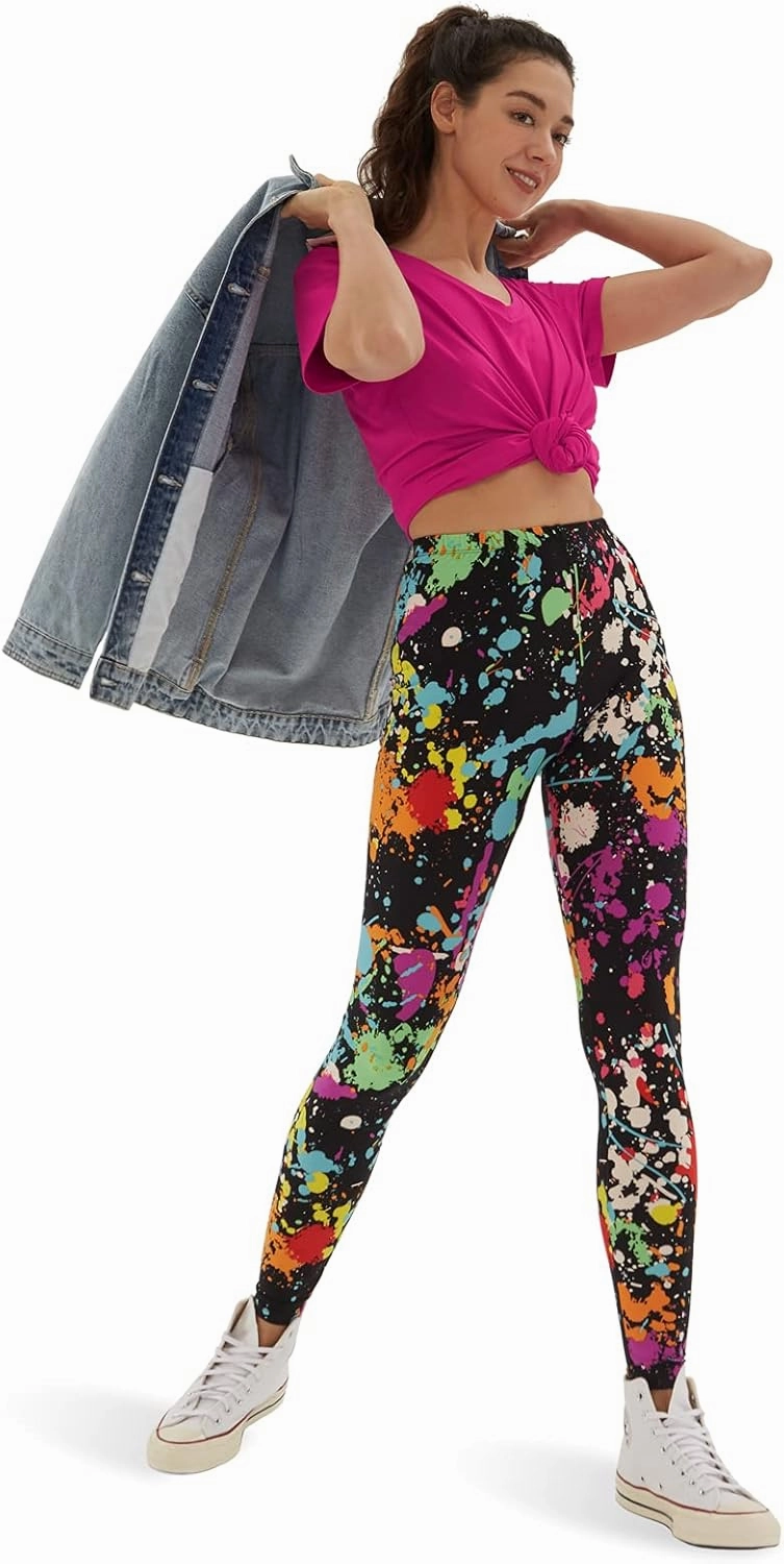 sissycos Women's 80s Leggings Neon Artistic Splash Printed Buttery Soft Stretchy Pants