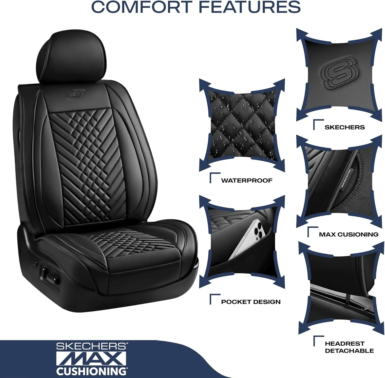 Skechers Car Seat Covers,MAX Cushioning Memory Foam Piping Leather Seat Covers,Waterproof Car Seat Protector Front Seats,Car Seat Cushion Airbag Universal Fit for Most Cars,Vans,Trucks,SUV,Black