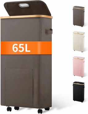 Slim Laundry Basket with Wheels, Tall Dirty Clothes Hamper on Wheels, Narrow Rolling Laundry Hamper with lid for Dorm, Bedroom and Bathroom, 65L Grey