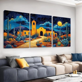 Southwestern Canvas Wall Art – 3 Panel Desert Landscape Print, Vibrant Night Mission Scene with Cactus and Moon – Unframed Western Wall Decor for Living Room or Entryway (12" x 18" x 3 pcs)