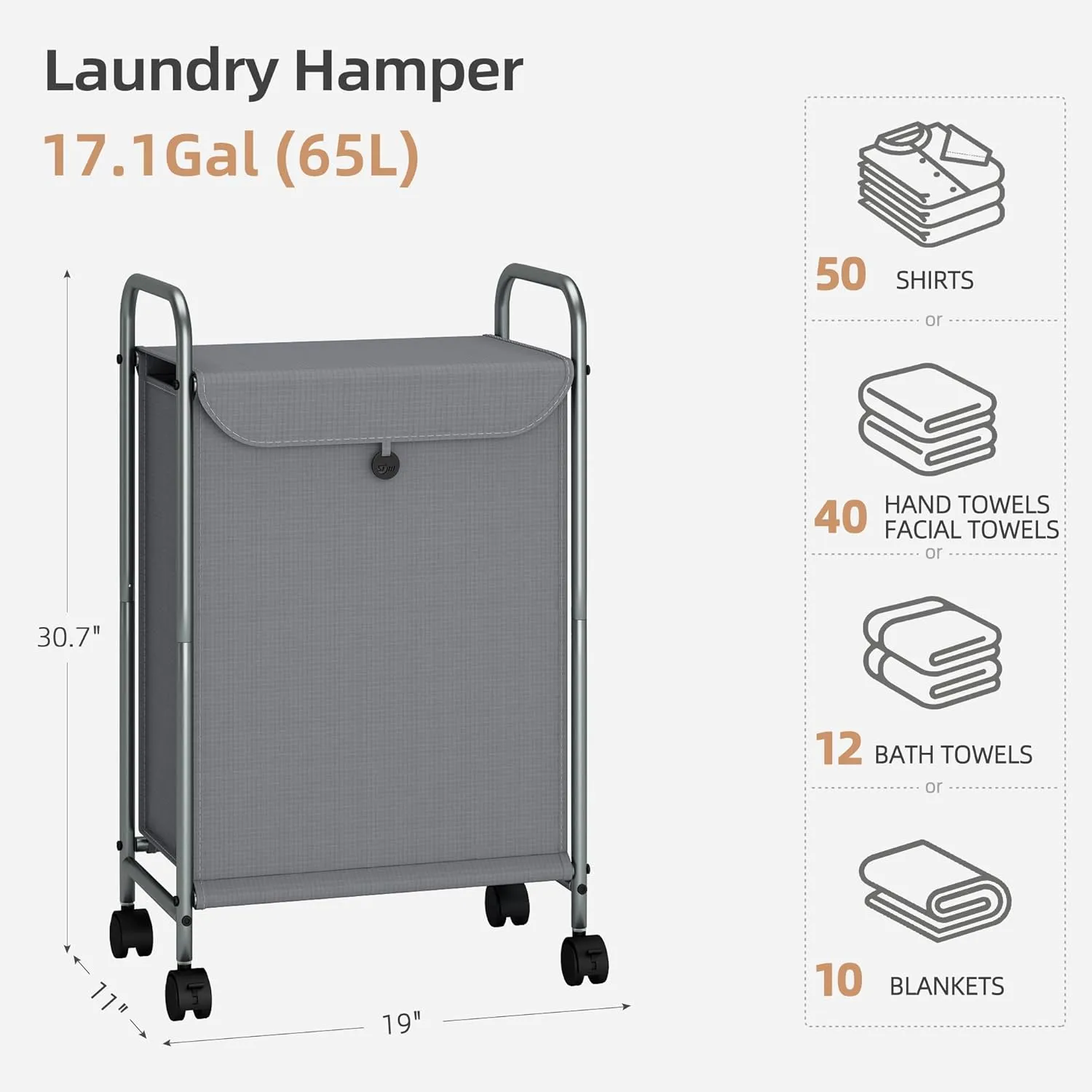 STORAGE MANIAC Rolling Laundry Hamper, Laundry Basket with Lockable Wheels, Double Clothes Sorter Cart, Small Clothes Separator Hamper for Closet, Bathroom, Laundrys Room, 1 Section Gray