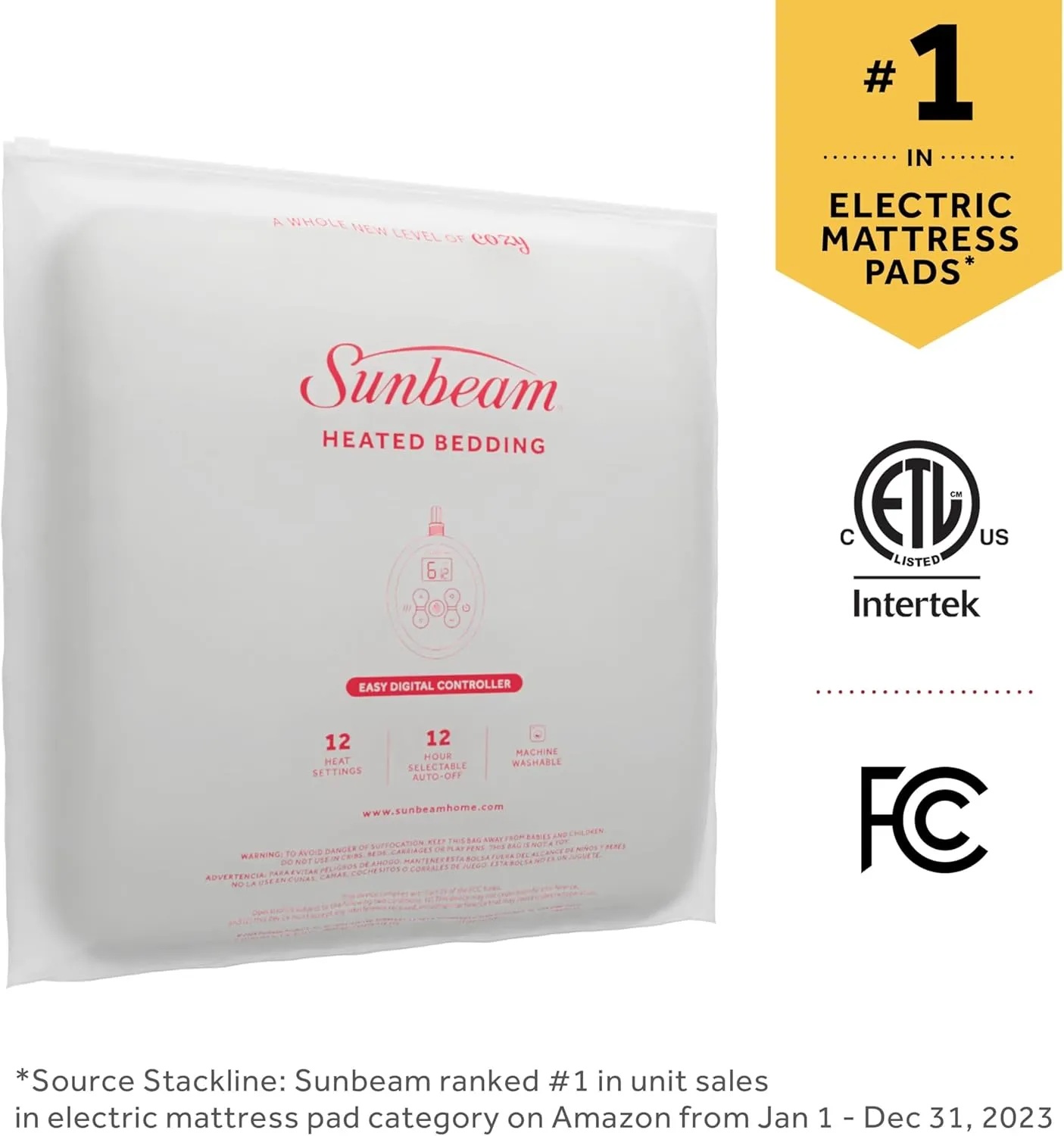 Sunbeam Electric Restful Heated Mattress Pad, 12 Heat Settings, 12-Hour Selectable Auto Shut-Off, Fast Heating, Warming Bed, Soft Cozy Fabric, Queen, 60" x 80"