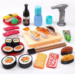 Sushi Slicing Play Food Set, 34Pcs, 3  Ages LED Light with Color Changing Pretend Food Toys Accessories with Velcro for Kids, Play Kitchen for Toddlers, Learning Gift for Girls Boys
