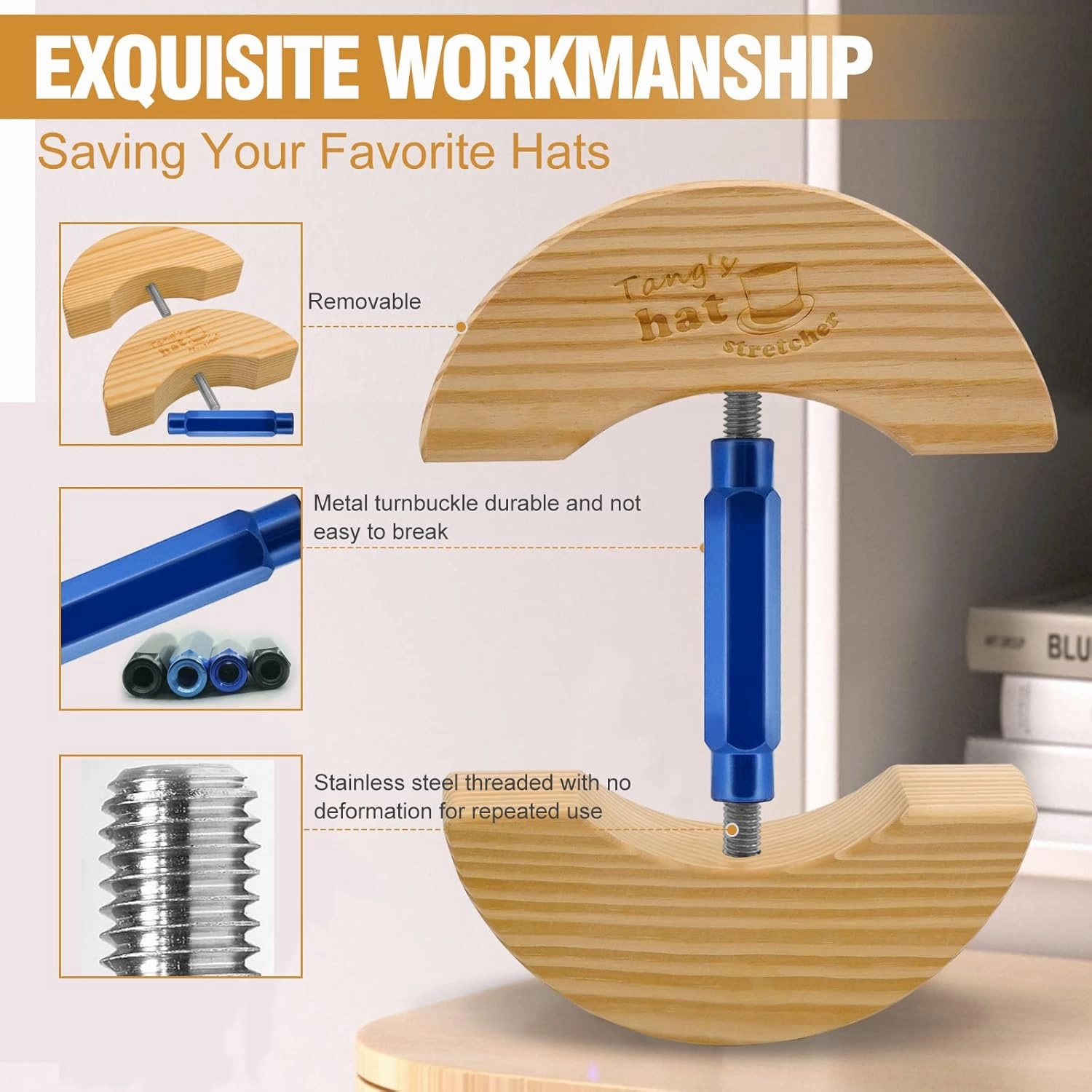 Tang's Wooden Hat Stretcher for Fitted Hats,Adjustable Turn Buckle .OneSizeUnisex AdultsHatShaper, Suit for All Hat Women&Men
