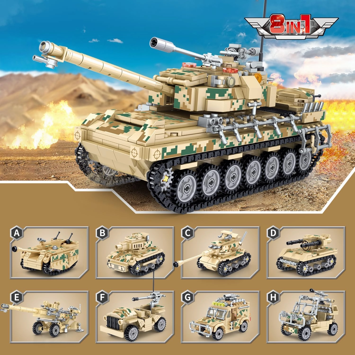 Tank Building Set,8 in1 WW2 Military Tank Brick Set for Adults, Collectible Army Tank Model, 1176 PCS STEM Building Blocks Kit,Great Military Gifts for Boys Kids Age 8-14 and Teens,Adults
