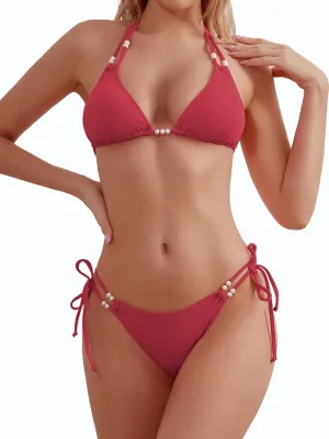 TASHEHE Women's Triangle String Bikini Set Sexy Tie Side Two Piece Swimsuit Cute Halter Bathing Suit