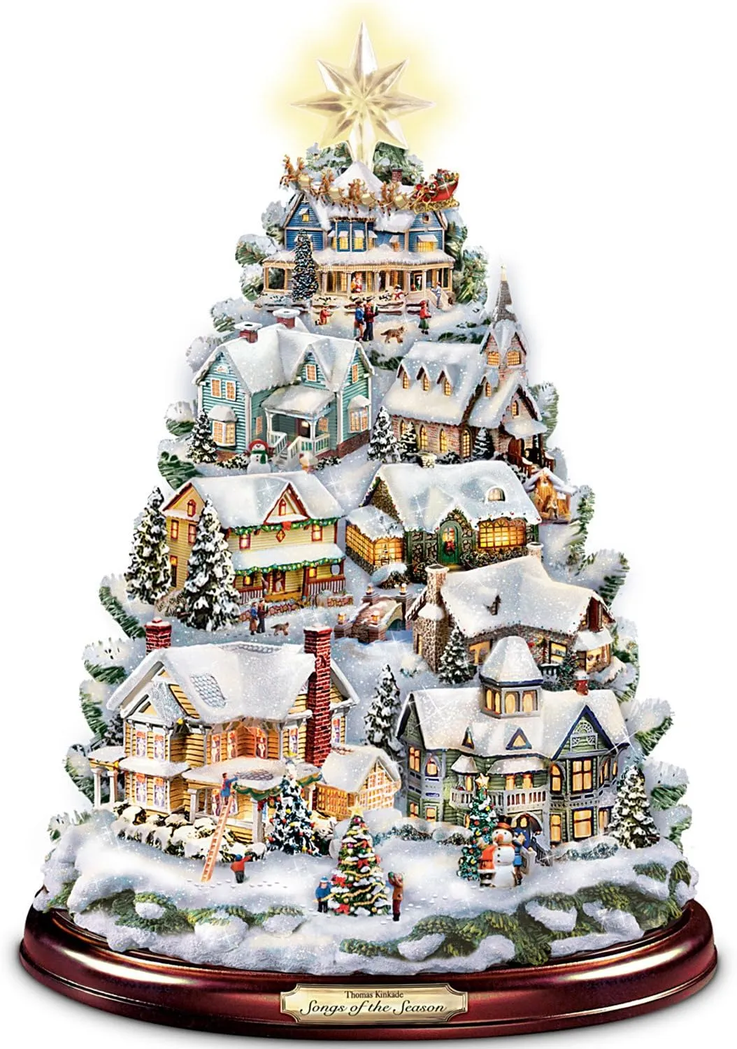 The Bradford Exchange Thomas Kinkade Songs of The Season Illuminated Musical Tabletop Christmas Tree Decoration with 8 Fully Sculptural Buildings That Light Up with 8 Holiday Xmas Melodies 12"-Inches