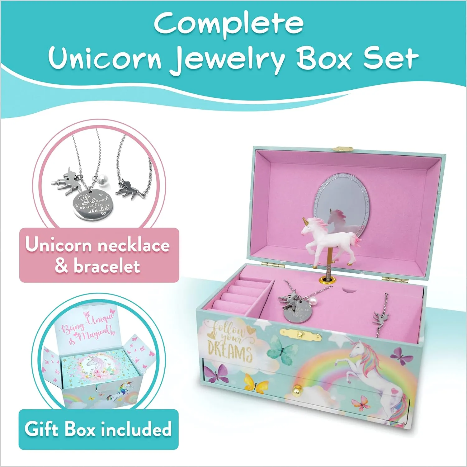 The Memory Building Company Unicorn Musical Jewelry Box, Classic Melody Storage Organizer Kids Ages 6-12, Wood Construction w/ 2 Compartments