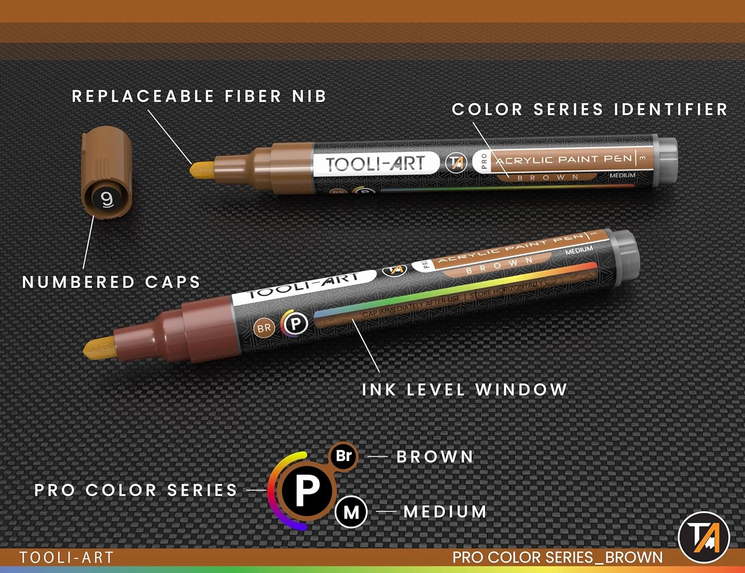 TOOLI-ART 22 Acrylic Paint Markers Pens Pro Color Series Set 3mm Medium Tip for Rock Painting, Glass, Mugs, Wood, Metal, Glass, Canvas, DIY. Non Toxic, Waterbased, Quick Drying (BROWN)