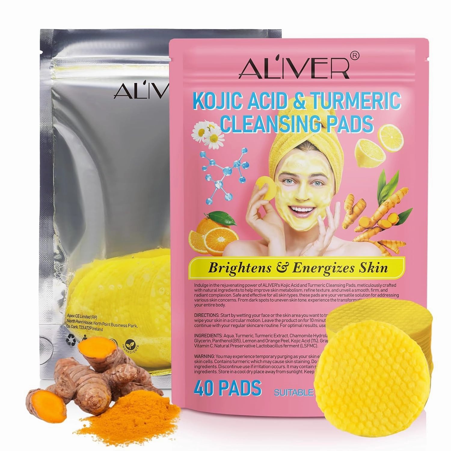 Turmeric Cleansing Pads 2 Pack, Turmeric Exfoliating Face Scrub Pads, Turmeric Cleansing Pads for Face & Body - 40 Pcs