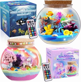 Unicorn&Ocean Light Up Terrarium Kit for Kids,Unicorn & Sea Animal Toys Birthday Gifts for Kids Ages 4-12 Year Old, DIY LED Night Light Craft Kit