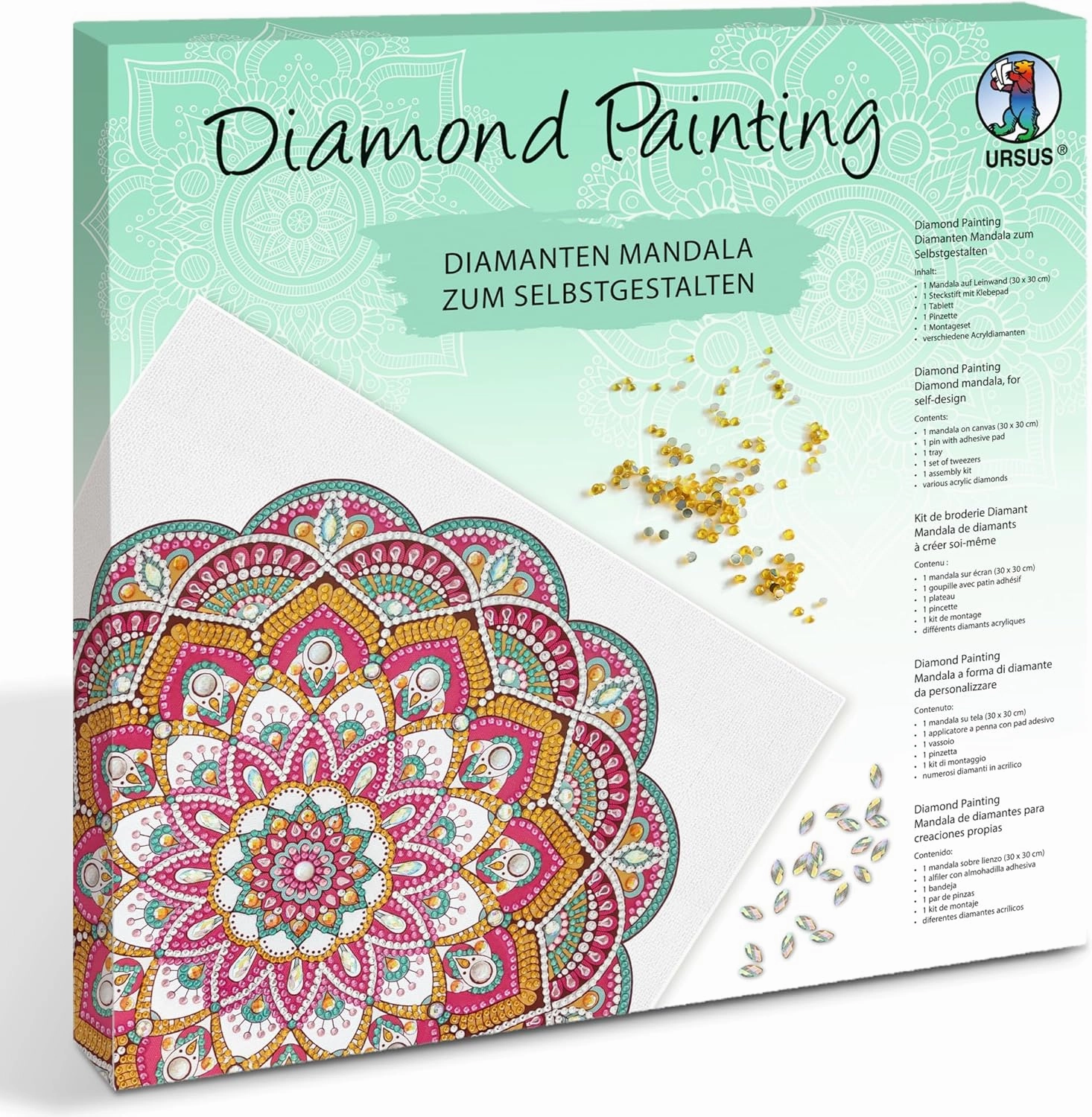 Ursus 43520011F Diamond Painting Mandala Set 11, Craft Set with Canvas and Stones in Red, Yellow and Green Tones