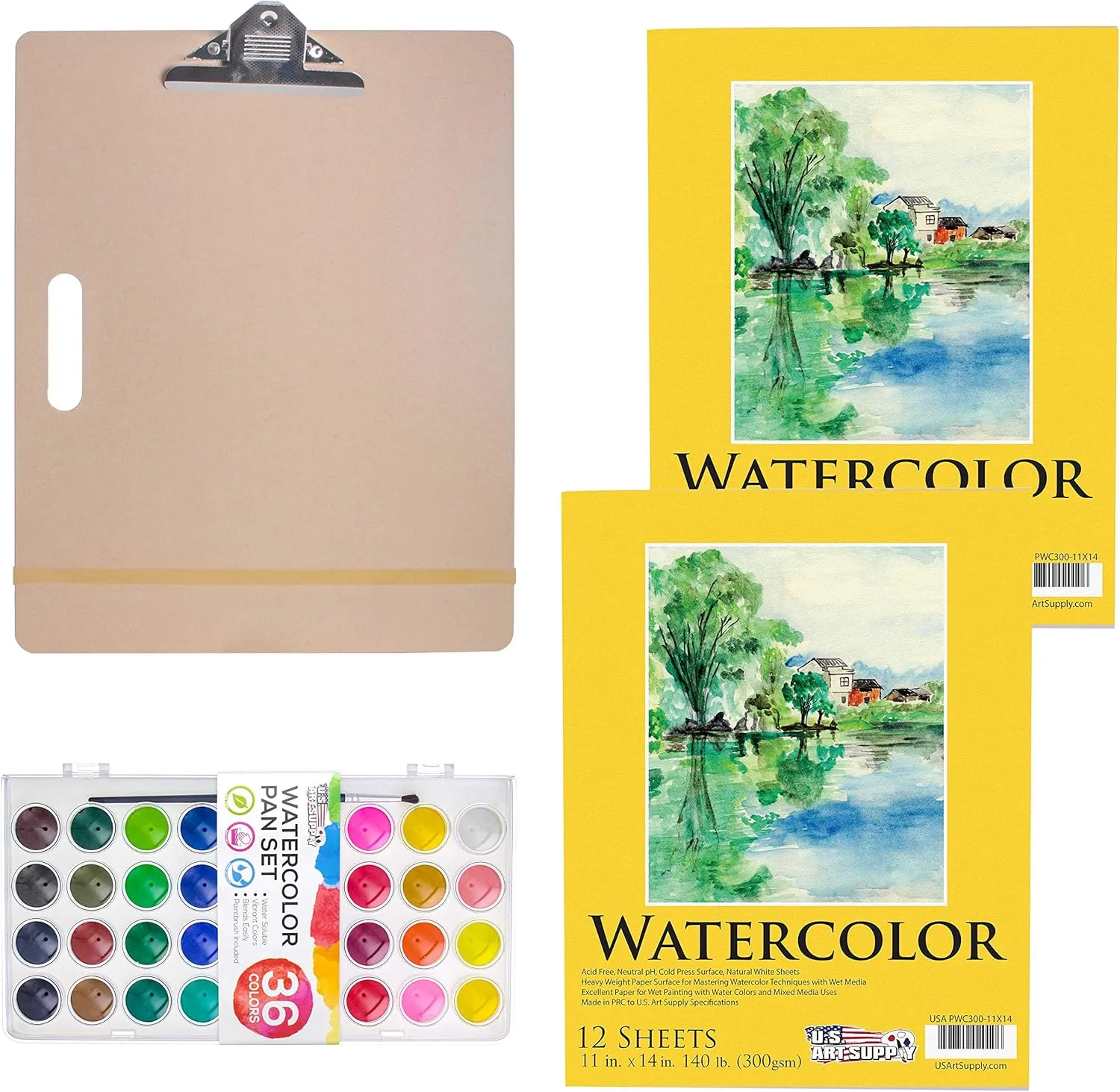 US Art Supply Artist Sketch Tote Board (11"x17") Bundled with 2 Pack of 11 x 14" Premium Heavy-Weight Watercolor Painting Paper Pad, 140 Pound (300gsm), 12-Sheet & 36 Color Watercolor Paint Set