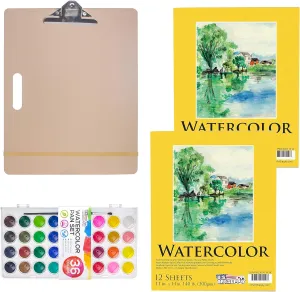 US Art Supply Artist Sketch Tote Board (11"x17") Bundled with 2 Pack of 11 x 14" Premium Heavy-Weight Watercolor Painting Paper Pad, 140 Pound (300gsm), 12-Sheet & 36 Color Watercolor Paint Set