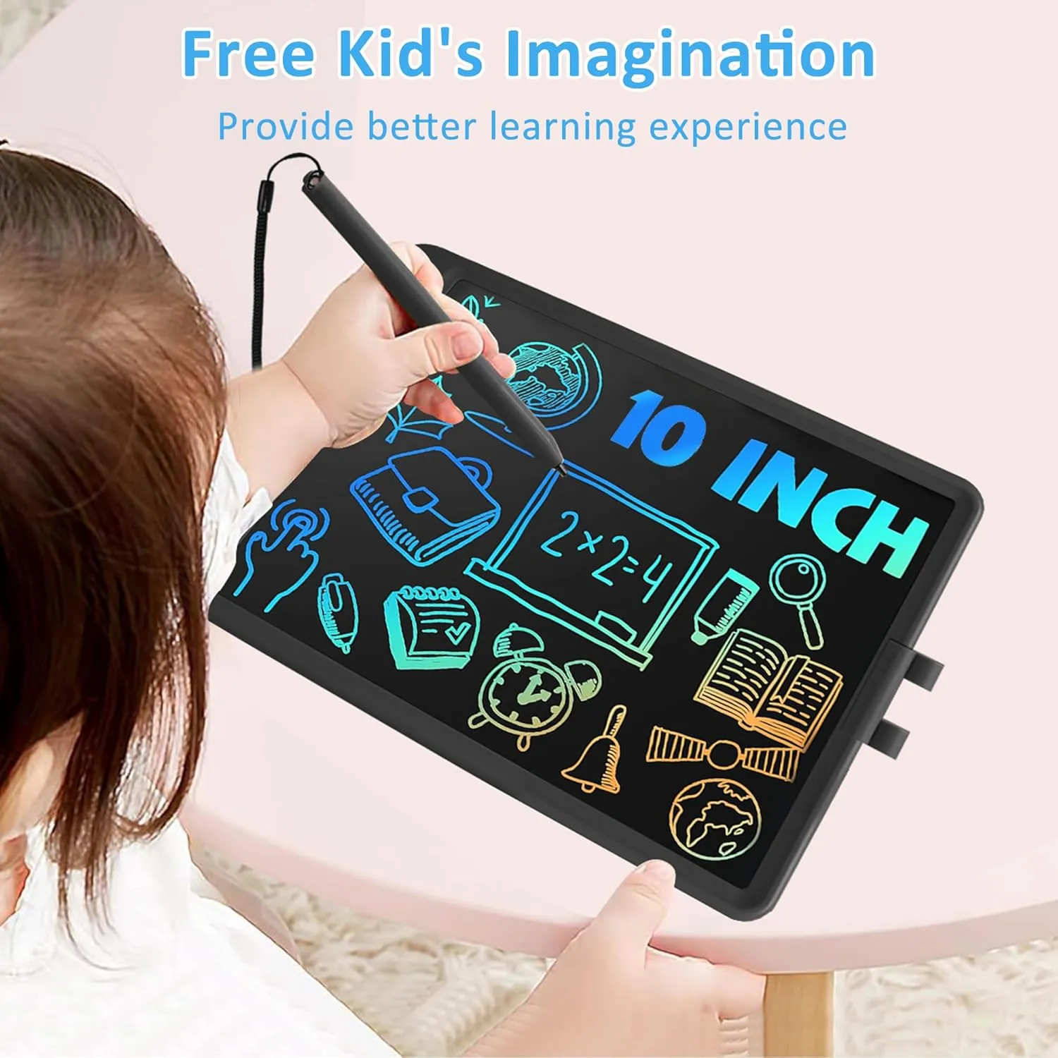 USLAI LCD Writing Tablet for Kids, for 3-8 Year Olds, 10 Inch Colorful Erasable Toddler Drawing Pad for Boys Girls - Black