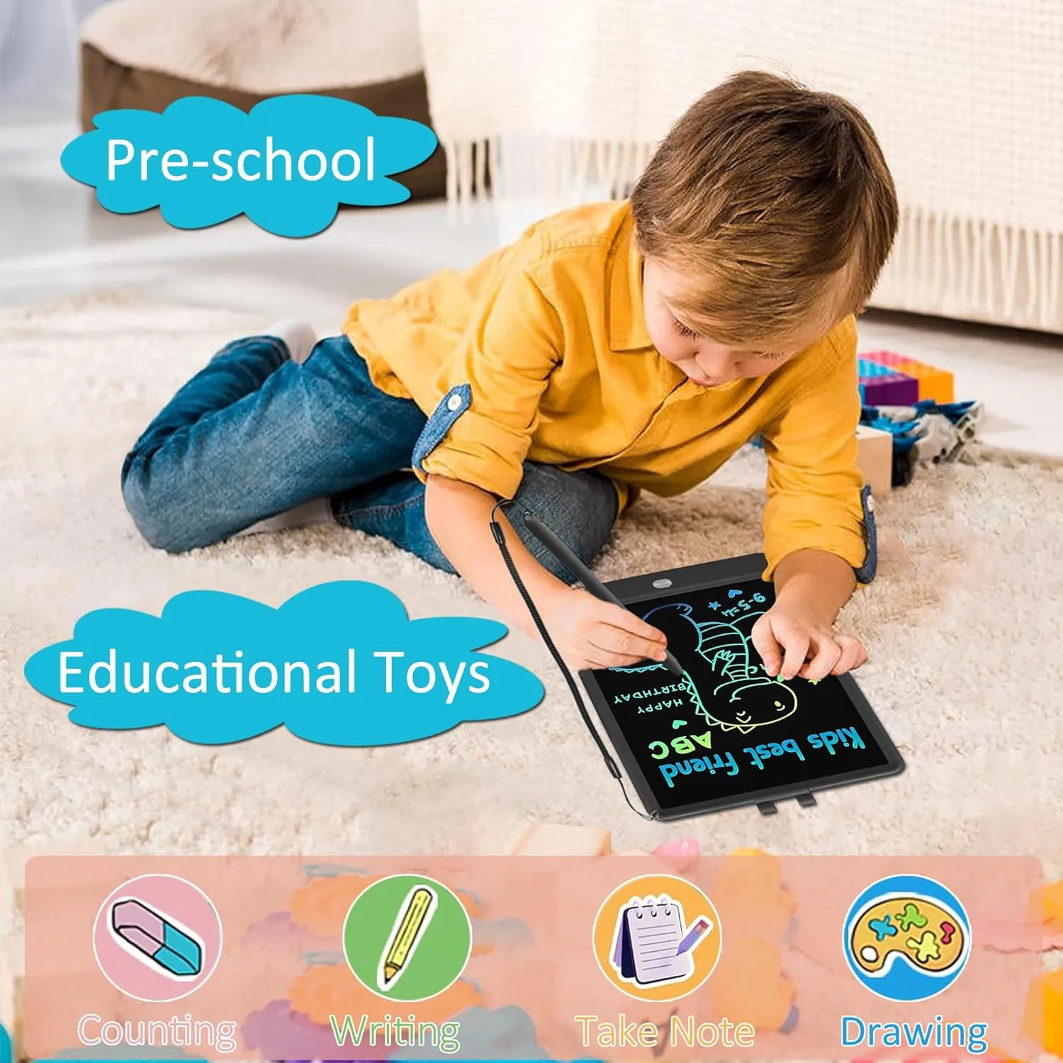 USLAI LCD Writing Tablet for Kids, for 3-8 Year Olds, 10 Inch Colorful Erasable Toddler Drawing Pad for Boys Girls - Black