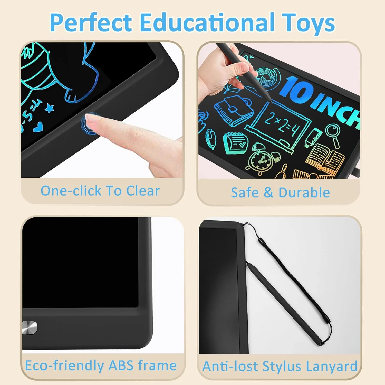 USLAI LCD Writing Tablet for Kids, for 3-8 Year Olds, 10 Inch Colorful Erasable Toddler Drawing Pad for Boys Girls - Black