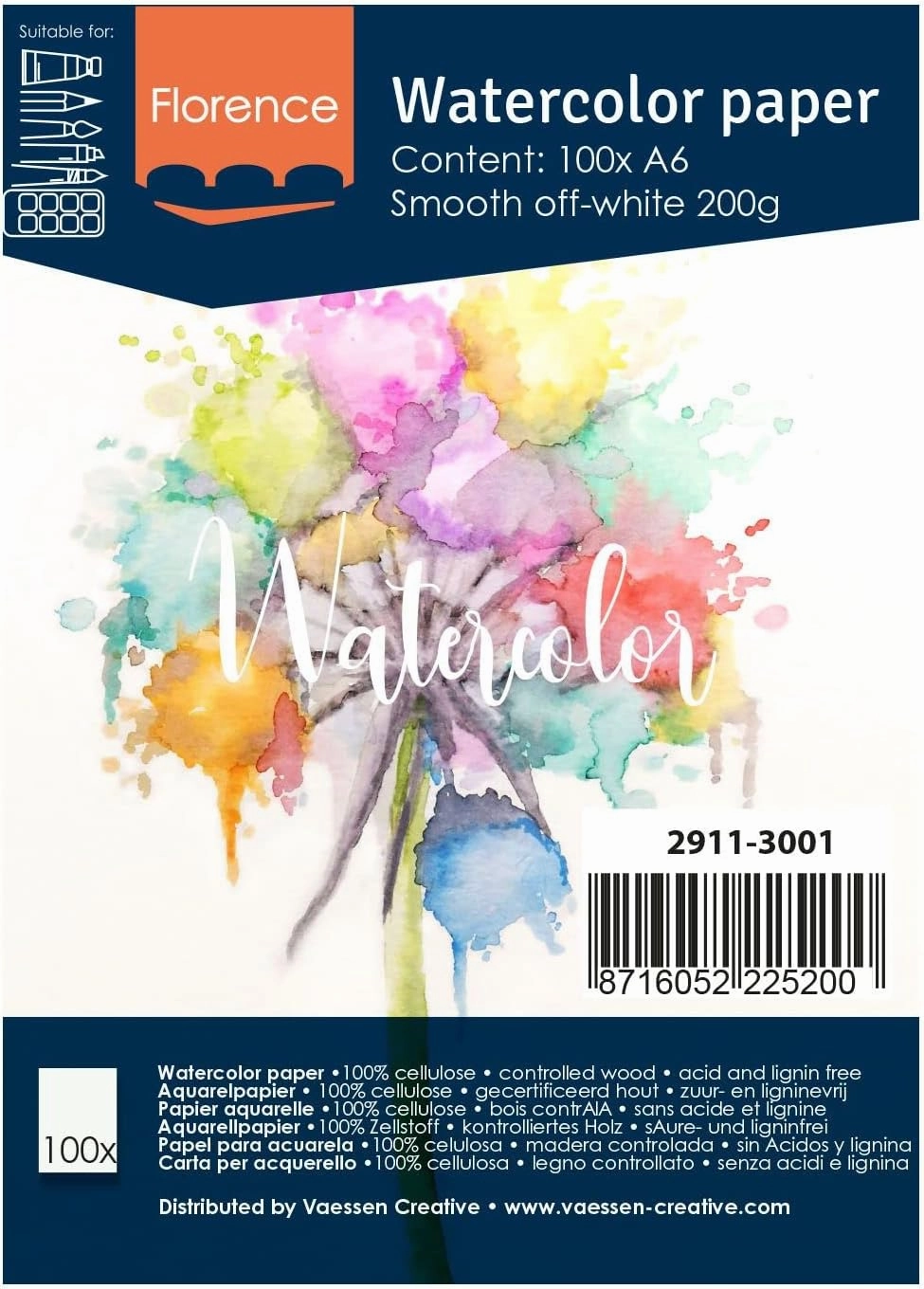 Vaessen Creative Florence Hot Pressed Watercolour Paper A6, Ivory, 200 GSM, Artist Grade Quality, Smooth Surface, 100 Sheets for Painting, Hand Lettering, Art Projects