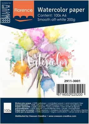 Vaessen Creative Florence Hot Pressed Watercolour Paper A6, Ivory, 200 GSM, Artist Grade Quality, Smooth Surface, 100 Sheets for Painting, Hand Lettering, Art Projects