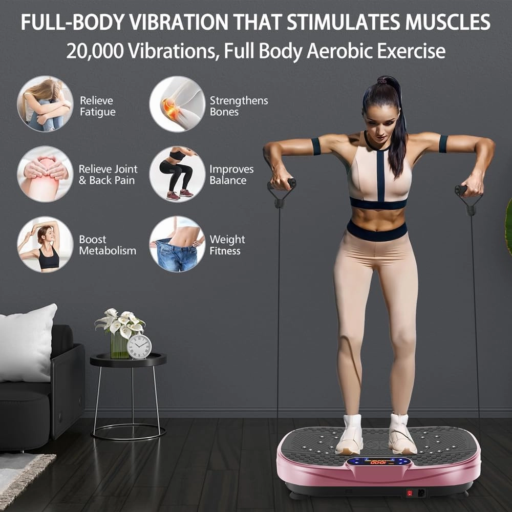 Vibration Plate Exercise Machine, Whole Body Workout Fitness Platform Vibration Plate with Resistance Bands for Home Training Equipment Speed Control