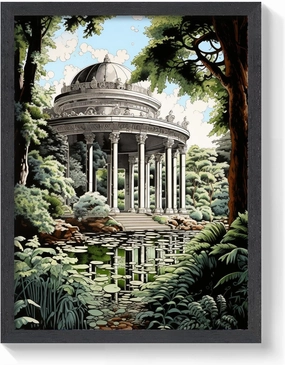 Villa Borghese Gardens, Italy Linocut Vintage Art Print. Framed Printing Wall Art Decor for Bedroom Bathroom Living Room 12x16 Inches