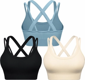 WANAYOU Sports Bras for Women High Support Ribbed Strappy Running Sports Bra Criss Cross Back Workout Bra Padded 3 Pack
