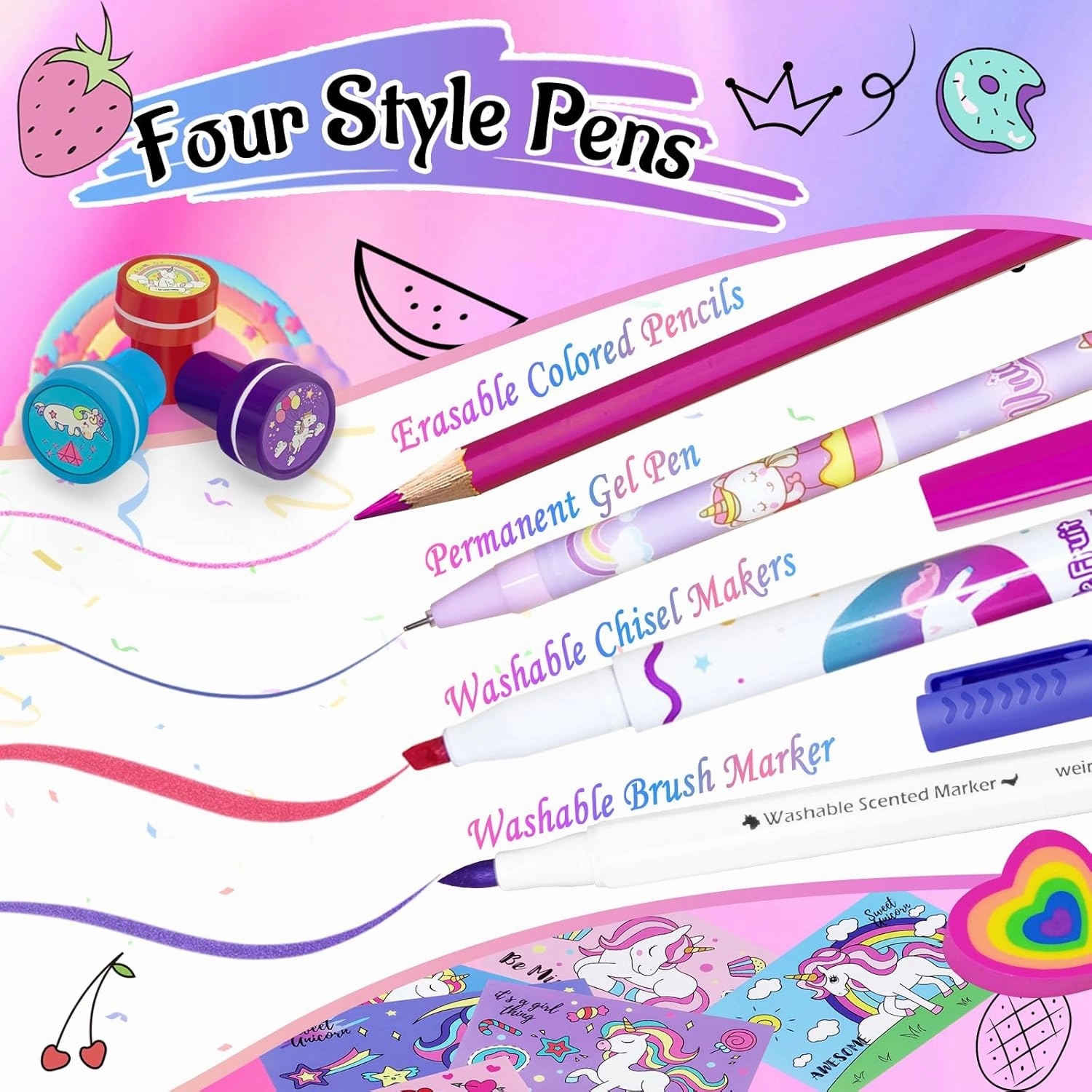 weirtoya Washable Fruit Scented Markers Set with Unicorn Pencil Case Stationery Set Valentine's Day Gifts Unicorn Toys Birthday Gifts for Girls 4-9 Years Valentine Craft Magical Unicorn