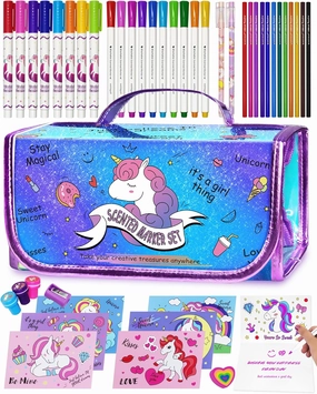 weirtoya Washable Fruit Scented Markers Set with Unicorn Pencil Case Stationery Set Valentine's Day Gifts Unicorn Toys Birthday Gifts for Girls 4-9 Years Valentine Craft Magical Unicorn