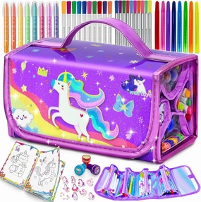 weirtoya Washable Fruit Scented Markers Set with Unicorn Pencil Case Stickers Stamps Coloring Book, STEM Toys Unicorns Gifts for Girls Birthday Gifts for Girls 4-9 Years