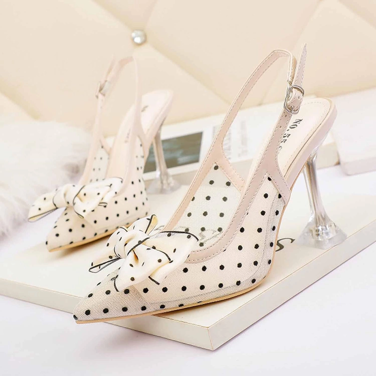 WOilERQ Women's High Heels One Word Buckle Closed Pointed Toe High Heel Shallow Mouth Mesh Bow Tie Sandals Summer Nightclub Head Show High Heels